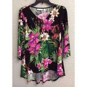 Susan Graver Women's Floral Printed Liquid Knit Tunic Black Size XS Blouse